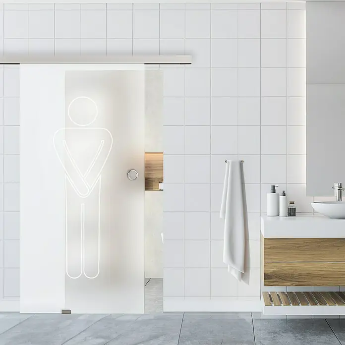 Diamond Doors Glasschiebetür 627 - 935 x 2.058 mm, Einscheibensicherheitsglas (ESG), Milchglas - Eine moderne Badezimmertür mit einem stilisierten Mann-Symbol auf Milchglas, die Eleganz und Funktionalität vereint.