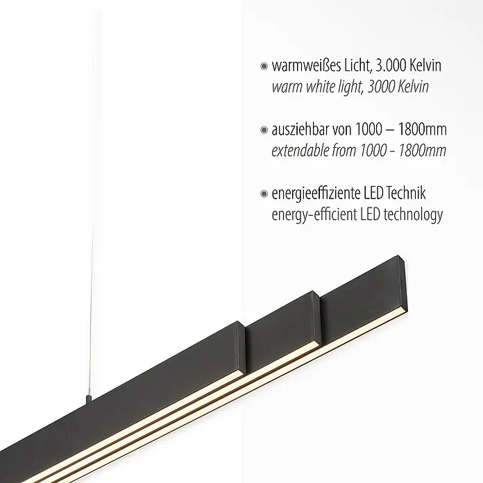Just Light LED-Pendelleuchte LUZI - 45 W, L x B x H: 165 x 5,5 x 180 cm, Anthrazit, Warmweiß - Elegante, ausziehbare LED-Hängeleuchte mit warmweißem Licht, ideal für moderne Wohnräume.