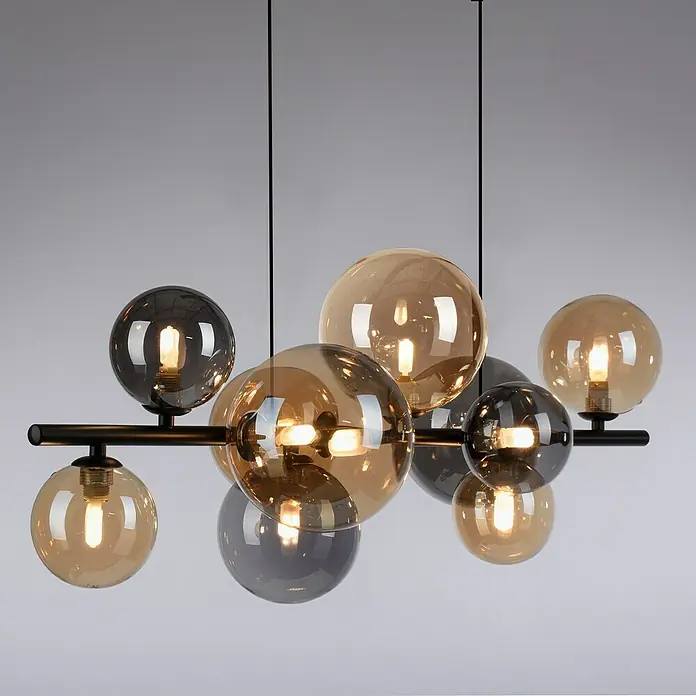 Paul Neuhaus Popsicle Pendelleuchte - 30 W, L x B x H: 85 x 35 x 150 cm, Schwarz, G9 - Stilvolle Hängeleuchte mit bernsteinfarbenen und grauen Glaskugeln an schwarzer Aufhängung, die ein warmes Ambiente schafft.