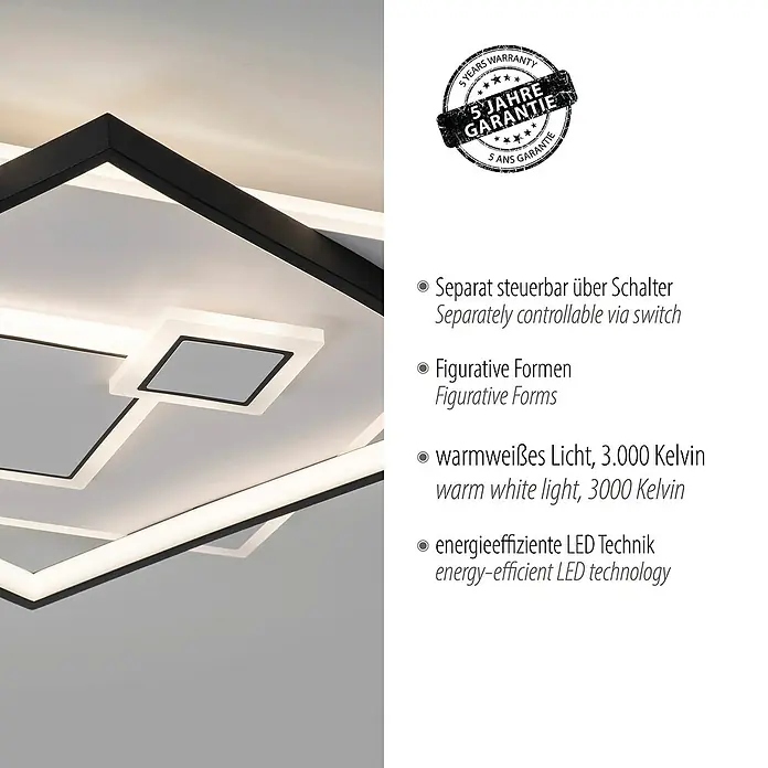 Paul Neuhaus LED-Deckenleuchte MAILAK - 39 W, L x B x H: 57 x 57 x 6 cm, Weiß, Warmweiß - Elegante Deckenleuchte mit schwarzem Rahmen und separater Steuerung für ein modernes Ambiente.