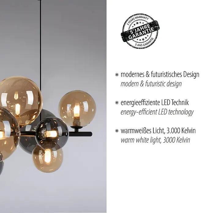 Paul Neuhaus Popsicle Pendelleuchte - 30 W, L x B x H: 85 x 35 x 150 cm, Schwarz, G9 - Produktbild einer modernen Hängeleuchte mit futuristischem Design, inklusive LED-Technik und warmweißem Licht.