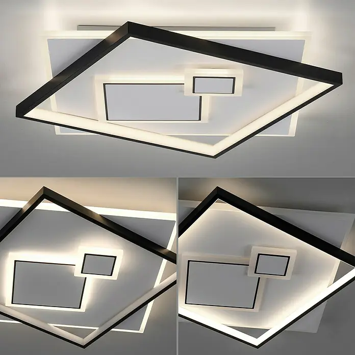 Paul Neuhaus LED-Deckenleuchte MAILAK - 39 W, L x B x H: 57 x 57 x 6 cm, Weiß, Warmweiß - Moderne LED-Deckenleuchte mit schwarzem Rahmen und geometrischem Design für eine stilvolle Beleuchtung im Raum.