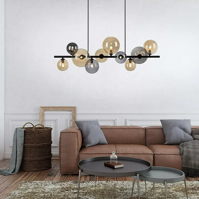 Paul Neuhaus Popsicle Pendelleuchte - 30 W, L x B x H: 85 x 35 x 150 cm, Schwarz, G9 - Elegante Hängeleuchte mit kugelförmigen Lampenschirmen in Grau- und Goldtönen, die jedem Raum einen Hauch von modernem Stil verleiht.