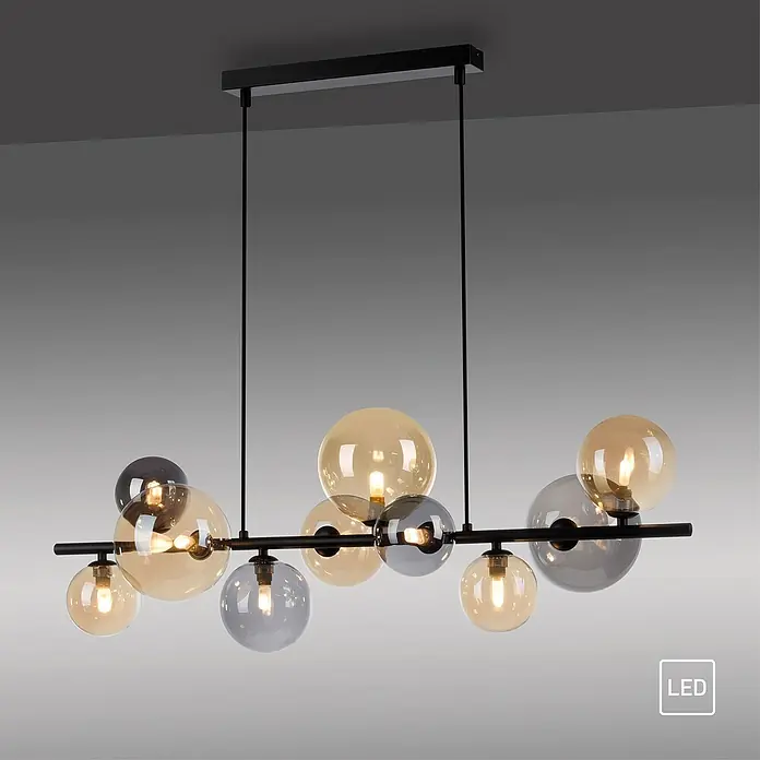 Paul Neuhaus Popsicle Pendelleuchte - 30 W, L x B x H: 85 x 35 x 150 cm, Schwarz, G9 - Moderne LED-Pendelleuchte mit neun Glaskugeln in Bernstein und Grau, aufgehängt an einer schwarzen Stange. Elegantes Design für stilvolle Innenräume.