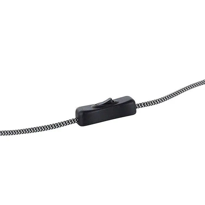 Just Light Zea Tischleuchte - L x B x H: 20 x 20 x 23,6 cm, Schwarz, E27 - Nahaufnahme eines schwarzen Schnurschalters an einem schwarz-weiß gestreiften Kabel. Ideal für Lampen und andere Geräte.