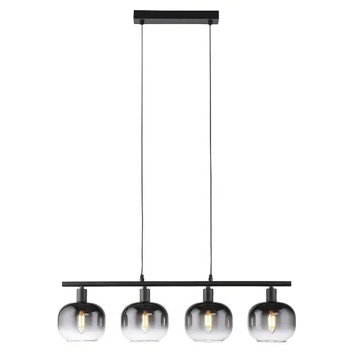 Just Light Zea Pendelleuchte - L x B x H: 68 x 14 x 120 cm, Schwarz, E14 - Elegante Pendelleuchte mit vier Rauchglas-Schirmen. Die Lampe ist ein stilvoller Blickfang für Esszimmer oder Wohnbereich mit ihrem industriellen Design.