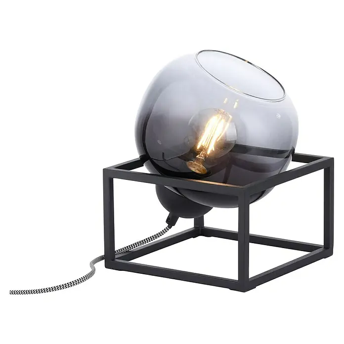 Just Light Zea Tischleuchte - L x B x H: 20 x 20 x 23,6 cm, Schwarz, E27 - Die moderne Tischlampe mit einer grauen Glaskugel auf einem schwarzen Metallrahmen sorgt für stimmungsvolle Beleuchtung.