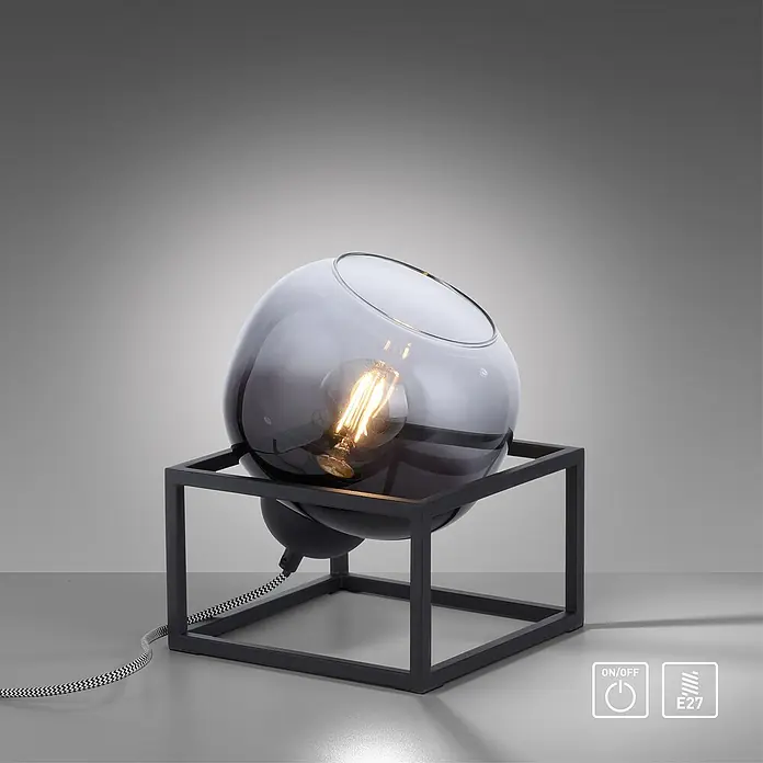 Just Light Zea Tischleuchte - L x B x H: 20 x 20 x 23,6 cm, Schwarz, E27 - Moderne Tischleuchte mit rauchgrauem Glasschirm auf einem schwarzen Metallrahmen, die ein warmes, einladendes Licht erzeugt.