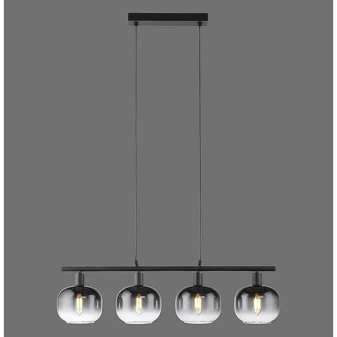 Just Light Zea Pendelleuchte - L x B x H: 68 x 14 x 120 cm, Schwarz, E14 - Elegante Pendelleuchte mit vier rauchgrauen Glasschirmen und schwarzen Akzenten, ideal für moderne Essbereiche.