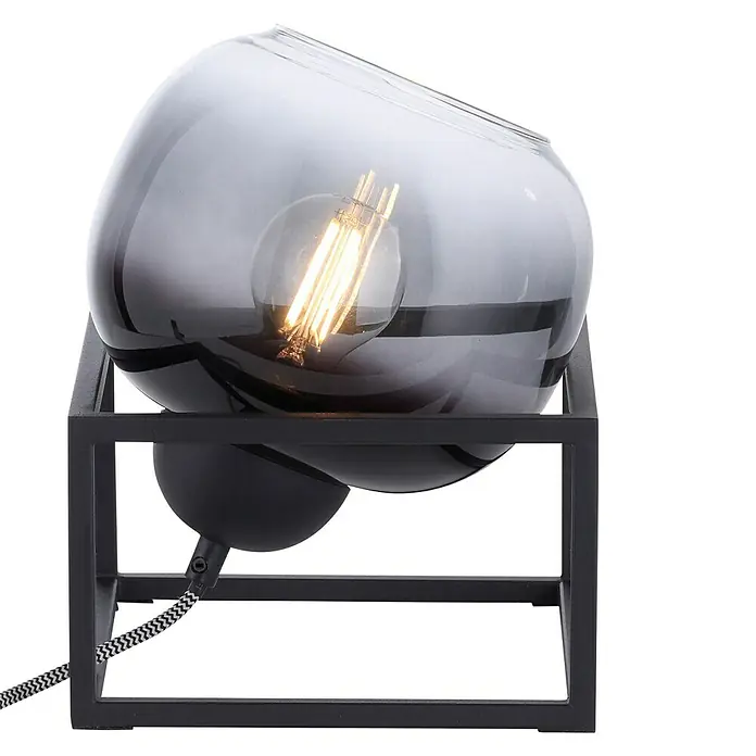 Just Light Zea Tischleuchte - L x B x H: 20 x 20 x 23,6 cm, Schwarz, E27 - Diese Tischleuchte verfügt über eine dekorative graue Glaskugel und einen robusten Metallrahmen, der modernes Design und industrielle Ästhetik vereint.