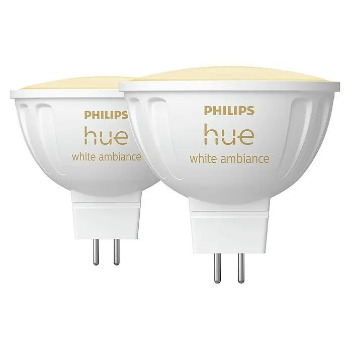 Philips Hue Smart-LED-Lampen Set White Ambiance MR16 - GU5,3, Dimmbar, Neutralweiß, 350 lm, 5,1 W, 2 Stk. - Nahaufnahme von zwei weißen Philips Hue White Ambiance Leuchtmitteln.