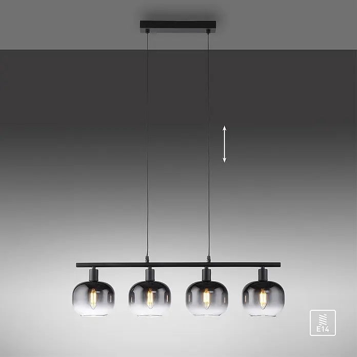 Just Light Zea Pendelleuchte - L x B x H: 68 x 14 x 120 cm, Schwarz, E14 - Eine elegante Pendelleuchte mit vier rauchfarbenen Glasschirmen, die ein modernes Ambiente schafft. Die Höhe der Leuchte ist verstellbar.