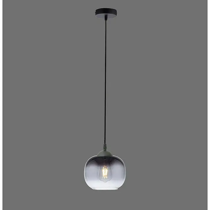 Just Light Zea Pendelleuchte rund - Schwarz, E27 - Elegante Pendelleuchte mit einem grauen Glasschirm, der eine warme, einladende Atmosphäre schafft. Die Lampe hängt an einem schwarzen Kabel von einer runden Deckenhalterung.