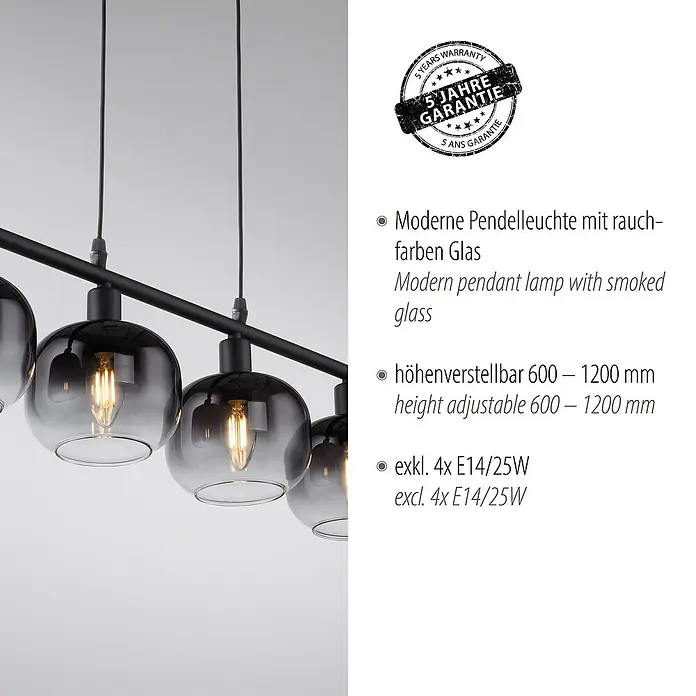 Just Light Zea Pendelleuchte - L x B x H: 68 x 14 x 120 cm, Schwarz, E14 - Moderne Pendelleuchte mit Rauchglas und schwarzer Aufhängung, ideal für stilvolle Beleuchtung im Wohnbereich.