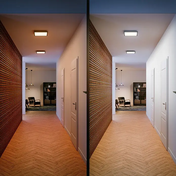 Philips Hue LED-Panel Aurelle - 19 W, L x B x H: 30 x 30 x 4,6 cm, Schwarz, Warmweiß - Fluransicht mit zwei Deckenleuchten, die unterschiedliche Farbtemperaturen zeigen, für verschiedene Stimmungen.