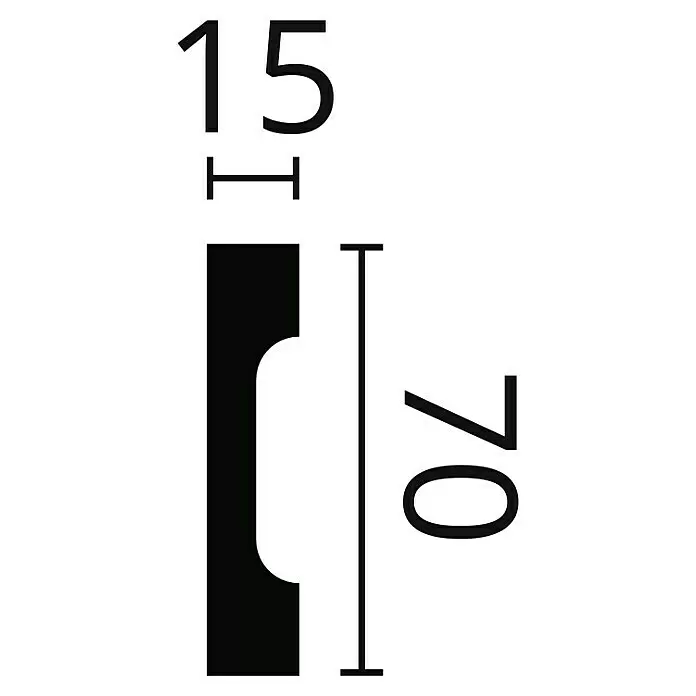 Nmc Decoflair Wandleiste WD2 - 2 m x 15 mm x 70 mm, Hochverdichtetes extrudiertes Polymer (HDPS) - Technische Zeichnung eines Profils: 15 mm Breite, 70 mm Höhe.