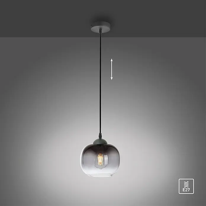 Just Light Zea Pendelleuchte rund - Schwarz, E27 - Hängeleuchte mit rauchfarbenem Glasschirm und verstellbarer Höhe, ideal für moderne Wohnräume. E27 Fassung für einfache Installation.