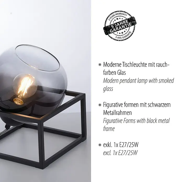 Just Light Zea Tischleuchte - L x B x H: 20 x 20 x 23,6 cm, Schwarz, E27 - Moderne Tischleuchte mit Rauchglas und schwarzem Metallrahmen, für stimmungsvolles Licht im Wohnbereich.