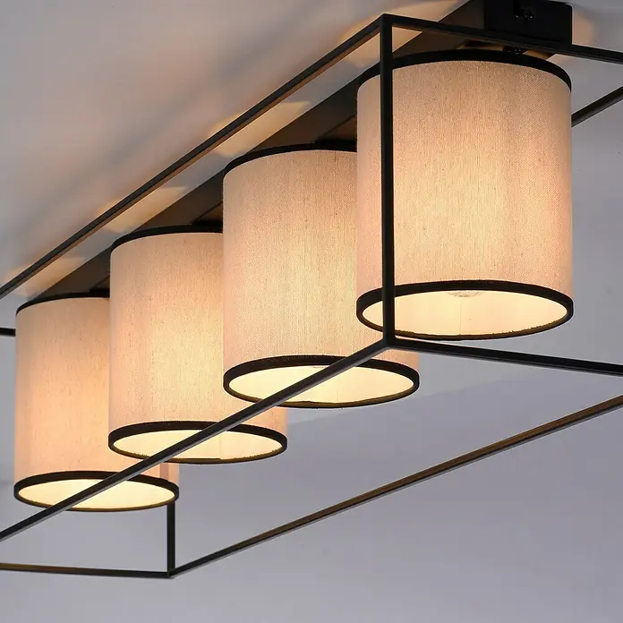 Just Light Raven Deckenleuchte - L x B x H: 80 x 20 x 20 cm, Schwarz, E27 - Deckenleuchte mit vier zylindrischen Lampenschirmen aus Stoff und einem schwarzen Metallrahmen für eine stilvolle Beleuchtung.