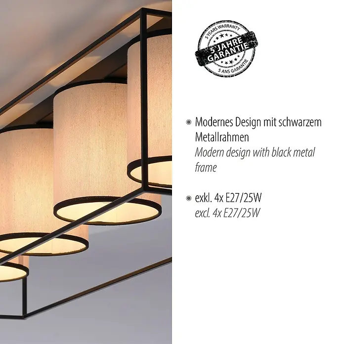 Just Light Raven Deckenleuchte - L x B x H: 80 x 20 x 20 cm, Schwarz, E27 - Nahaufnahme der Deckenleuchte mit schwarzem Metallrahmen und Textilschirmen für ein modernes Ambiente.