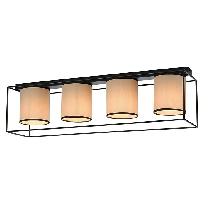 Just Light Raven Deckenleuchte - L x B x H: 80 x 20 x 20 cm, Schwarz, E27 - Diese Leuchte verfügt über vier zylindrische Lampenschirme aus Stoff in einem modernen, rechteckigen Rahmen. Sie bietet eine warme, einladende Beleuchtung.