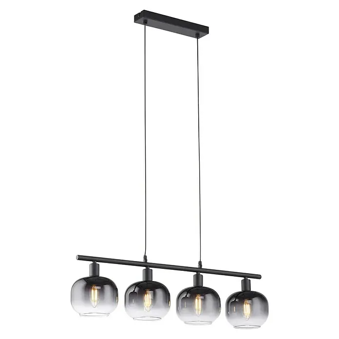 Just Light Zea Pendelleuchte - L x B x H: 68 x 14 x 120 cm, Schwarz, E14 - Moderne Pendelleuchte mit vier rauchglasfarbenen Lampenschirmen und schwarzer Aufhängung für stilvolle Beleuchtung im Esszimmer.