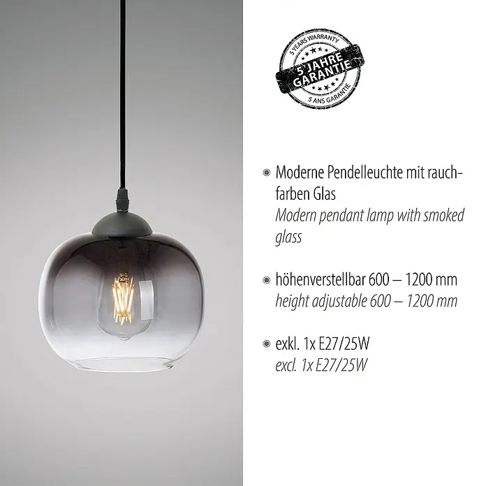 Just Light Zea Pendelleuchte rund - Schwarz, E27 - Moderne Pendelleuchte mit Rauchglas, höhenverstellbar. Exklusive E27/25W Leuchtmittel. Fünf Jahre Garantie.