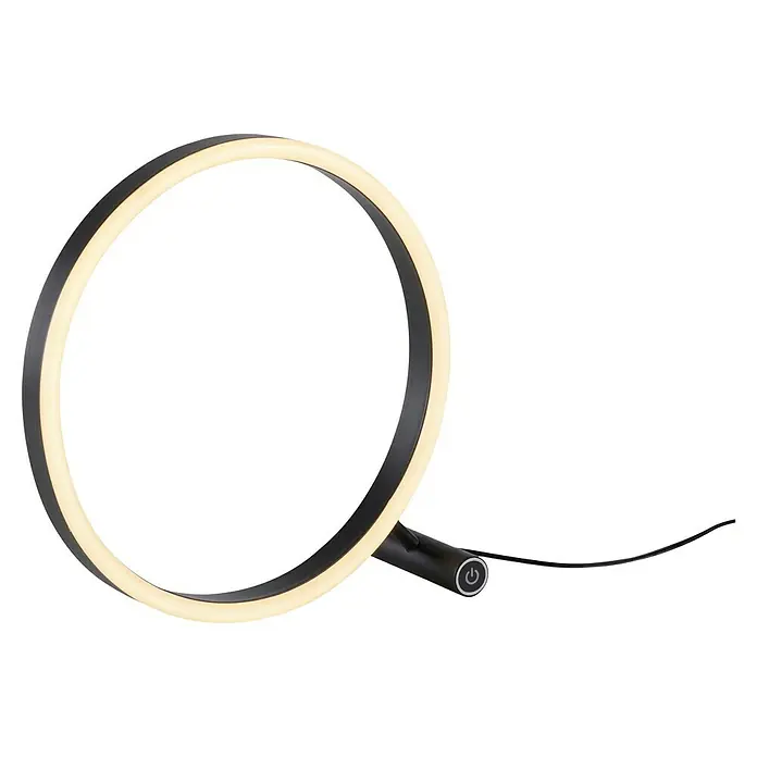 Just Light LED-Tischleuchte RITUS - 13,5 W, Ø x H: 28,5 x 28,5 cm, Anthrazit, Warmweiß - Nahaufnahme einer kreisförmigen LED-Tischleuchte mit schwarzem Rahmen und warmweißem Licht auf einem dunklen Hintergrund.