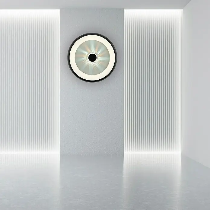 Just Light LED-Deckenleuchte rund VERTIGO - 33 W, Ø x H: 46,5 x 9,5 cm, Schwarz, Mehrfarbig - Das runde Wandlicht mit seinem einzigartigen Design und der schwarzen Einfassung ist ein echter Hingucker in jedem modernen Raum.