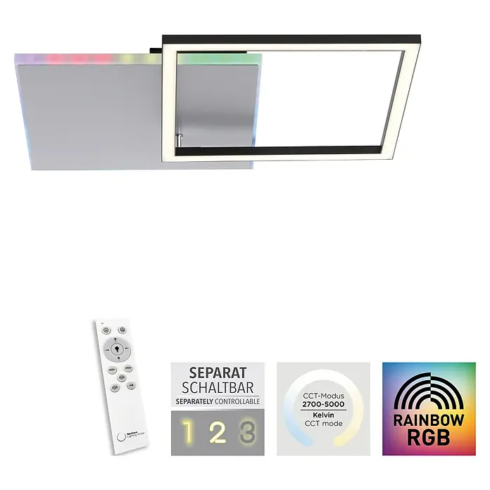 Just Light LED-Deckenleuchte RENDA - 35 W, L x B x H: 59 x 49 x 6 cm, Aluminium, Mehrfarbig - Das Bild zeigt eine moderne LED-Deckenleuchte mit Fernbedienung, separat schaltbar, mit CCT-Modus und Regenbogen-RGB-Funktion.