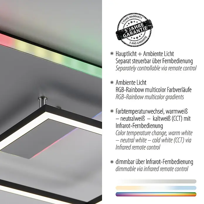 Just Light LED-Deckenleuchte RENDA - 35 W, L x B x H: 59 x 49 x 6 cm, Aluminium, Mehrfarbig - Deckenleuchte mit Haupt- und Ambientelicht, separat steuerbar mit Farbwechsel und Dimmfunktion für individuelle Beleuchtung.