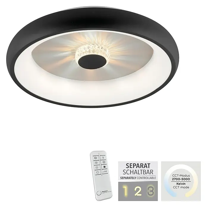 Just Light LED-Deckenleuchte rund VERTIGO - 33 W, Ø x H: 46,5 x 9,5 cm, Schwarz, Mehrfarbig - Produktbild einer modernen LED-Deckenleuchte in Schwarz mit Fernbedienung zur Steuerung der Farbtemperatur und Helligkeit.