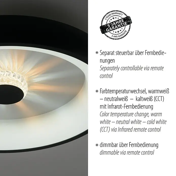 Just Light LED-Deckenleuchte rund VERTIGO - 33 W, Ø x H: 46,5 x 9,5 cm, Schwarz, Mehrfarbig - Deckenleuchte mit Fernbedienung zur separaten Steuerung, Farbtemperaturwechsel und Dimmfunktion.