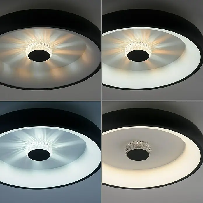 Just Light LED-Deckenleuchte rund VERTIGO - 33 W, Ø x H: 46,5 x 9,5 cm, Schwarz, Mehrfarbig - Nahaufnahme einer modernen LED-Deckenleuchte mit verschiedenen Lichtfarben und schwarzem Rand.