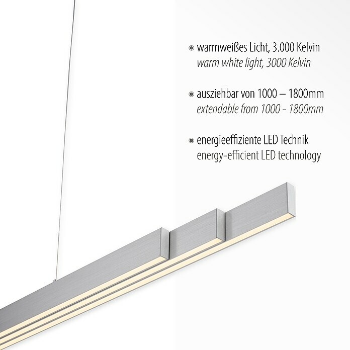 Just Light LED-Pendelleuchte LUZI (45 W, L x B x H: 165 x 5,5 x 180 cm,  Aluminium, Warmweiß) | BAUHAUS