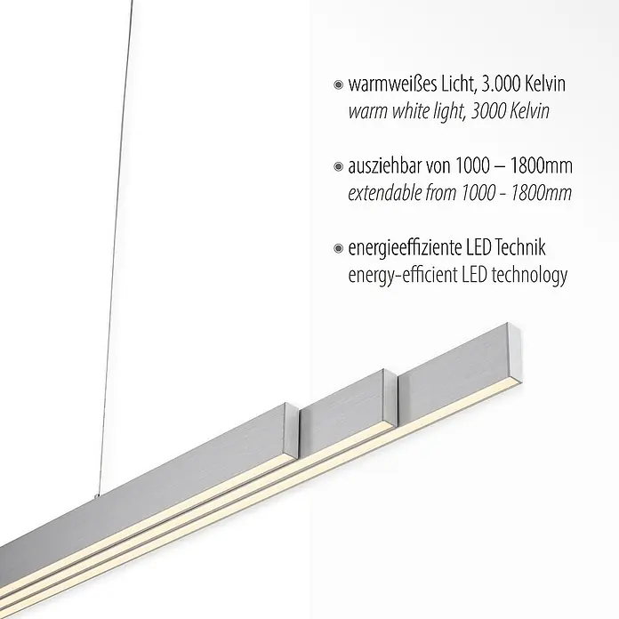 Just Light LED-Pendelleuchte LUZI - 45 W, L x B x H: 165 x 5,5 x 180 cm, Aluminium, Warmweiß - Nahaufnahme einer linearen LED-Pendelleuchte mit warmweißem Licht und ausziehbarer Funktion.