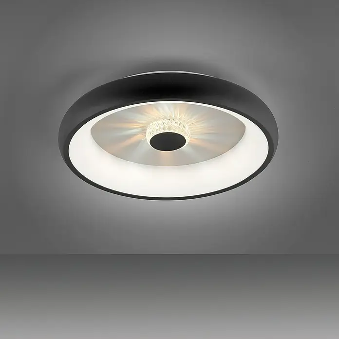 Just Light LED-Deckenleuchte rund VERTIGO - 33 W, Ø x H: 46,5 x 9,5 cm, Schwarz, Mehrfarbig - Moderne Deckenleuchte mit kreisförmigem Design und zentralem Kristall-Akzent, ideal für stilvolle Innenräume.
