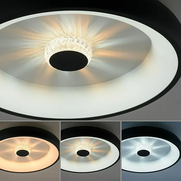 Just Light LED-Deckenleuchte rund VERTIGO - 33 W, Ø x H: 46,5 x 9,5 cm, Schwarz, Mehrfarbig - Deckenleuchte mit kreisförmigem Design. Das moderne Design verfügt über einen Kristalldiffusor und verstellbare Lichtfarben.