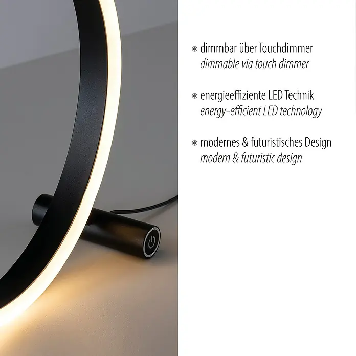 Just Light LED-Tischleuchte RITUS - 13,5 W, Ø x H: 28,5 x 28,5 cm, Anthrazit, Warmweiß - Nahaufnahme einer modernen, dimmbaren LED-Ringlampe mit Touchdimmer und energieeffizienter Technologie für ein futuristisches Design.