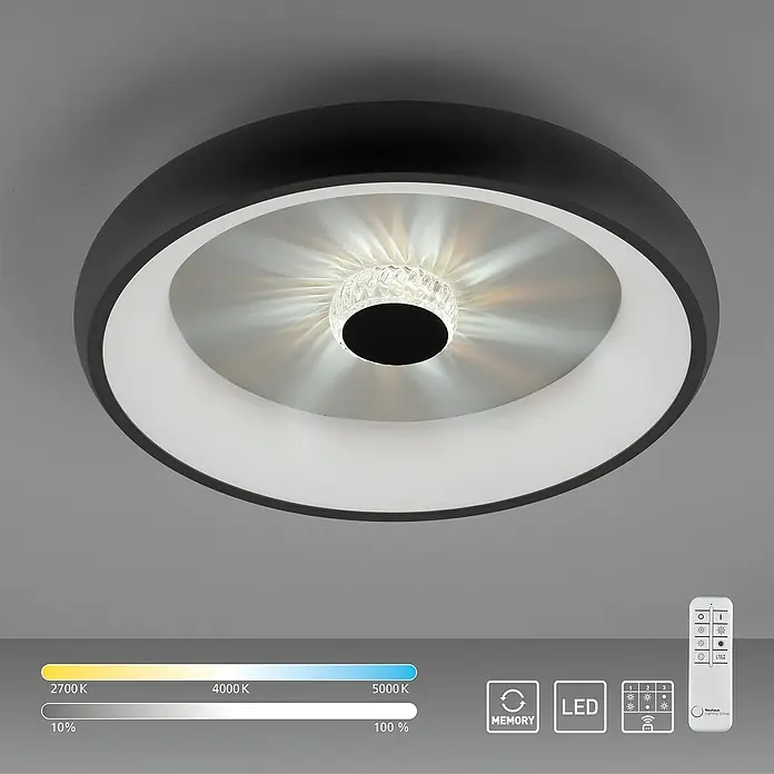 Just Light LED-Deckenleuchte rund VERTIGO - 33 W, Ø x H: 46,5 x 9,5 cm, Schwarz, Mehrfarbig - Nahaufnahme einer modernen LED-Deckenleuchte mit verstellbarer Farbtemperatur und Dimmfunktion, ideal für stilvolle Innenräume.