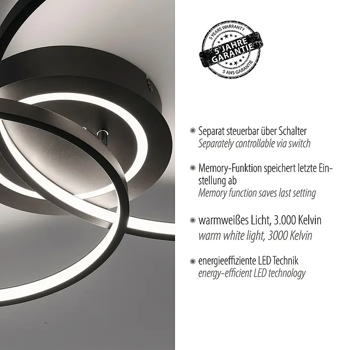 Just Light LED-Deckenleuchte ASMINA - 30 W, L x B x H: 69 x 55 x 9 cm, Schwarz, Warmweiß - Moderne LED-Deckenleuchte in Schwarz mit warmweißem Licht und Memory-Funktion für individuelle Beleuchtung.