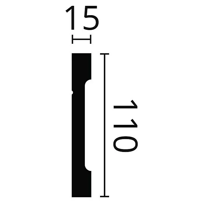 Nmc Decoflair Sockelleiste FD2 - 2 m x 15 mm x 110 mm, Hochverdichtetes extrudiertes Polymer (HDPS) - Profilansicht einer schwarzen Sockelleiste, 15 mm breit und 110 mm hoch.