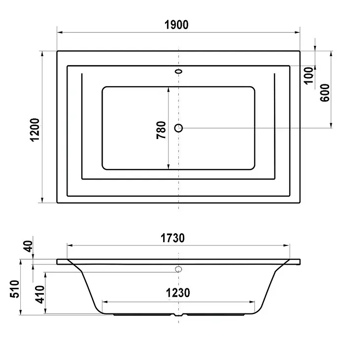 Ottofond Whirlpool Phenix - 190 x 120 cm, Sanitäracryl, Weiß, Komfort - Technische Zeichnung einer rechteckigen Badewanne mit allen Maßen.‎ Die Badewanne ist detailliert abgebildet und bemaßt.