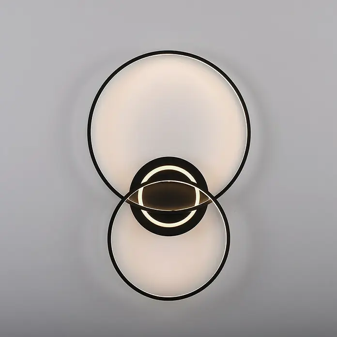 Just Light LED-Deckenleuchte ASMINA - 30 W, L x B x H: 69 x 55 x 9 cm, Schwarz, Warmweiß - Elegante Wandleuchte mit modernem Design, bestehend aus zwei Kreisen mit integrierter LED-Beleuchtung und einem zentralen, ovalen Element.