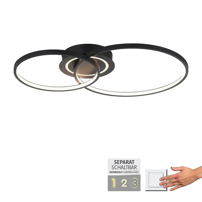 Just Light LED-Deckenleuchte ASMINA - 30 W, L x B x H: 69 x 55 x 9 cm, Schwarz, Warmweiß - Deckenleuchte in modernem Design mit drei Ringen in Schwarz und LED-Beleuchtung für eine stilvolle Atmosphäre.