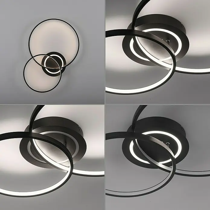 Just Light LED-Deckenleuchte ASMINA - 30 W, L x B x H: 69 x 55 x 9 cm, Schwarz, Warmweiß - Moderne Deckenleuchte mit ineinandergreifenden Kreisen und LED-Beleuchtung. Elegantes Design für stilvolle Innenräume.