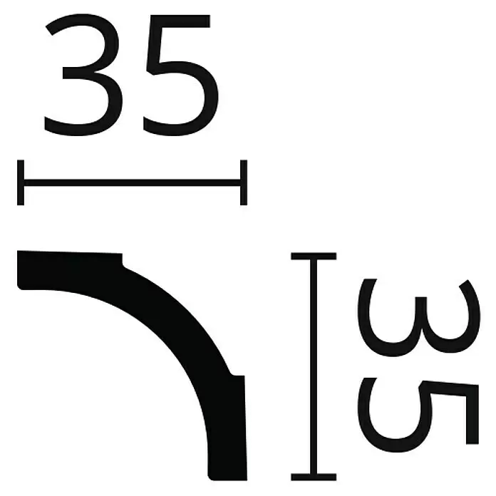 Nmc Decoflair Zierprofil Deckenleiste B2 - 2 m x 35 mm x 35 mm, Extrudiertes Polystyrol (XPS) - Bemaßte Zeichnung eines schwarzen Viertelstabprofils, 35x35 Einheiten.