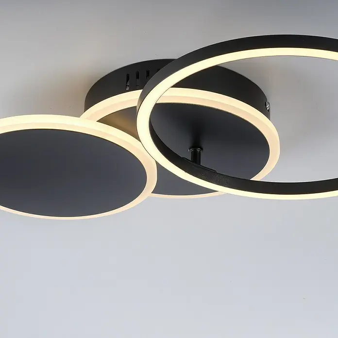 Just Light LED-Deckenleuchte SEVENT - 29 W, L x B x H: 50 x 33,4 x 8,2 cm, Schwarz, Warmweiß - Moderne Deckenleuchte mit schwarzem Gehäuse und kreisförmigen LED-Elementen, die ein warmes, einladendes Licht verbreiten. Stilvolles Design für jeden Raum.