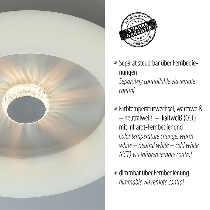 Just Light LED-Deckenleuchte rund VERTIGO - 30 W, Ø x H: 50 x 13,5 cm, Weiß, Mehrfarbig - Nahaufnahme einer modernen LED-Deckenleuchte mit Fernbedienung zur Steuerung von Helligkeit und Farbtemperatur.