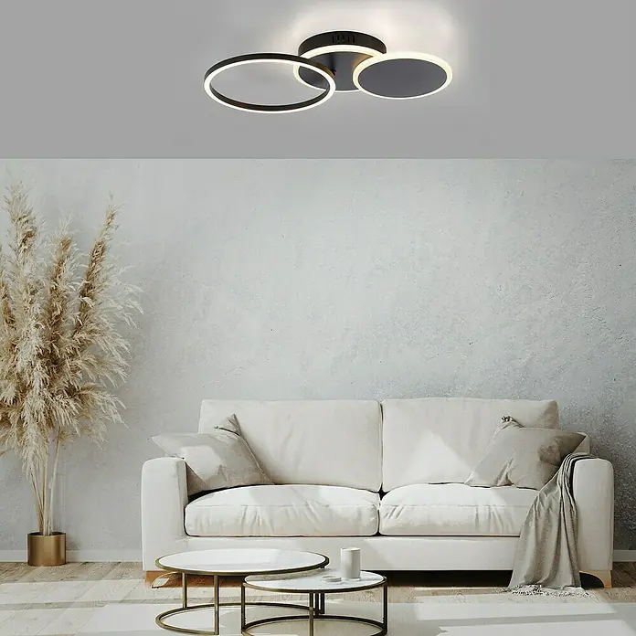 Just Light LED-Deckenleuchte SEVENT - 29 W, L x B x H: 50 x 33,4 x 8,2 cm, Schwarz, Warmweiß - Moderne Deckenleuchte mit drei ineinandergreifenden Kreisen in Schwarz und Weiß, die ein elegantes und minimalistisches Design bietet.